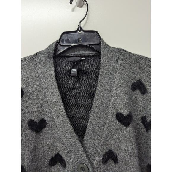 Aqua Womens Cardigan Sweater Wool Blend Grey/Black Heart Button-Up Size Medium - Picture 5 of 6